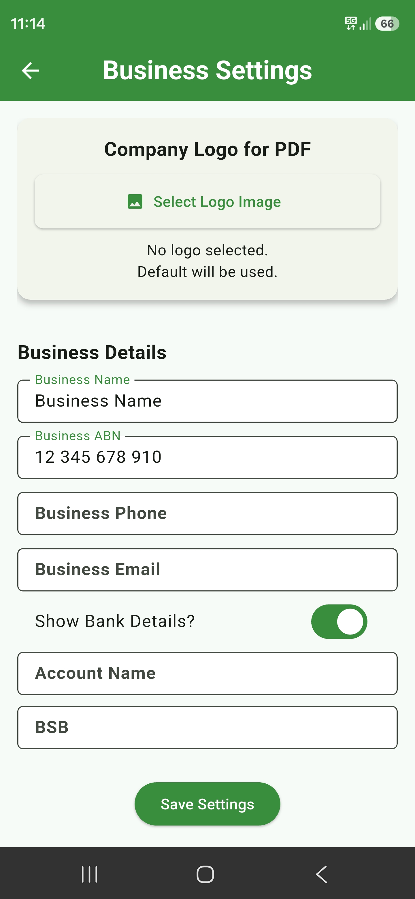 Business Settings screen with logo, business details, and banking options