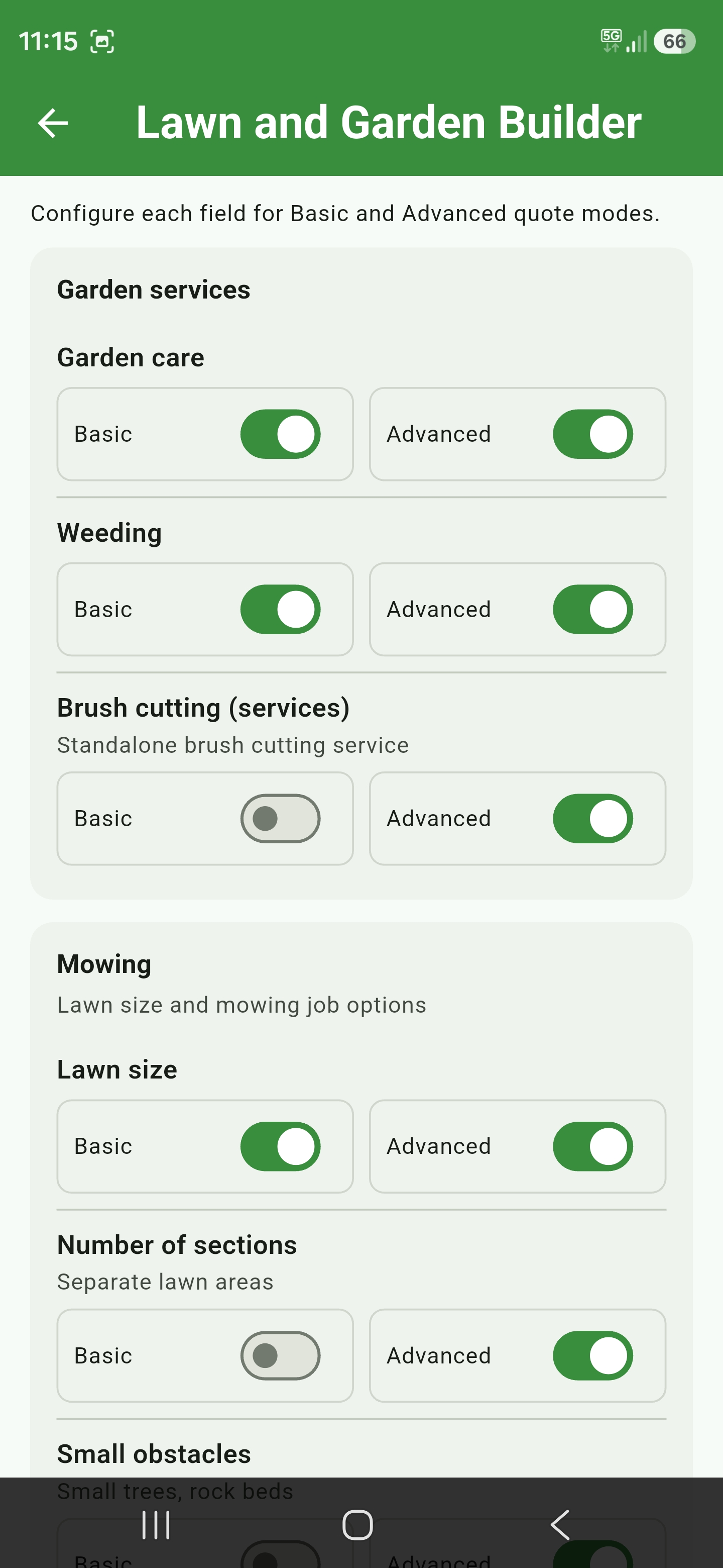 Lawn and Garden Builder showing Basic and Advanced section toggles
