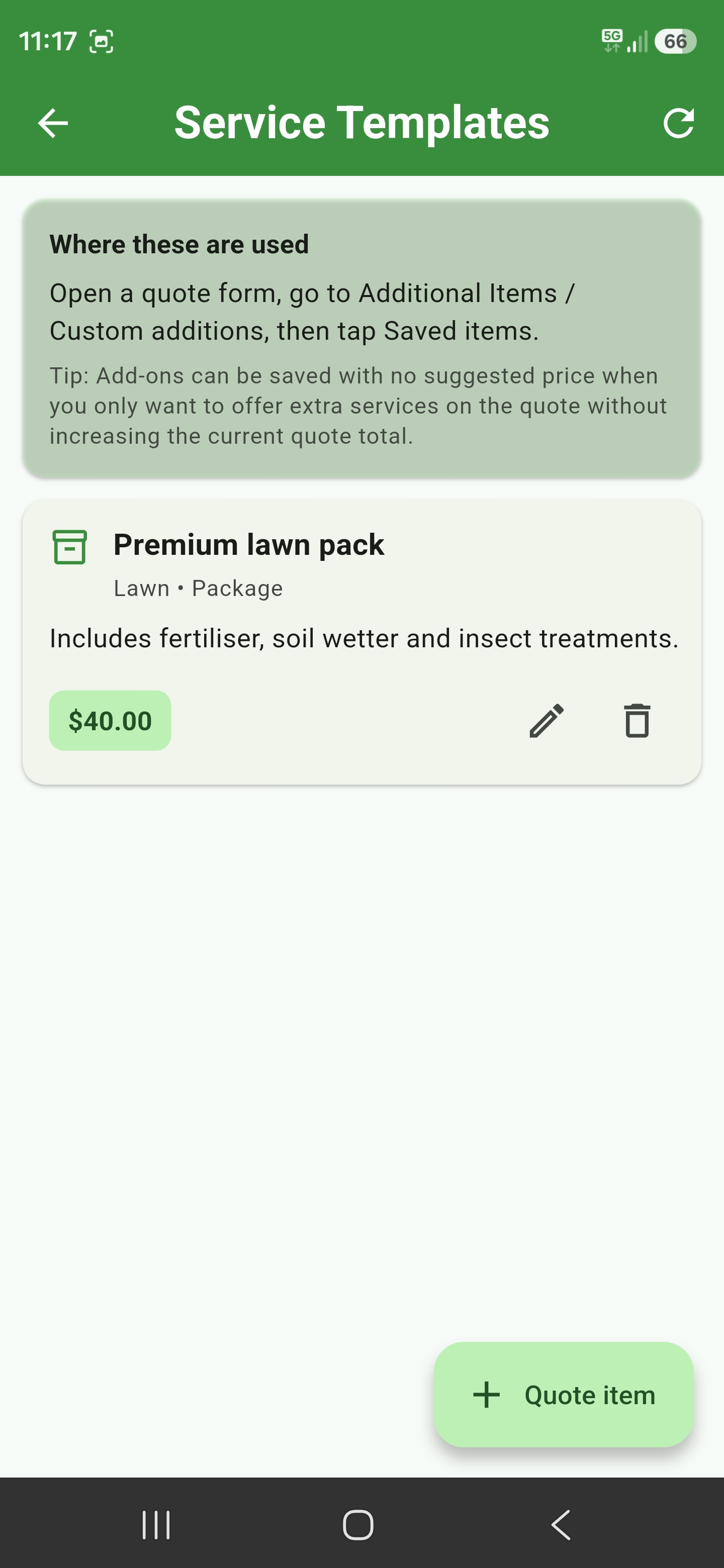 Service Templates screen showing a saved premium lawn pack