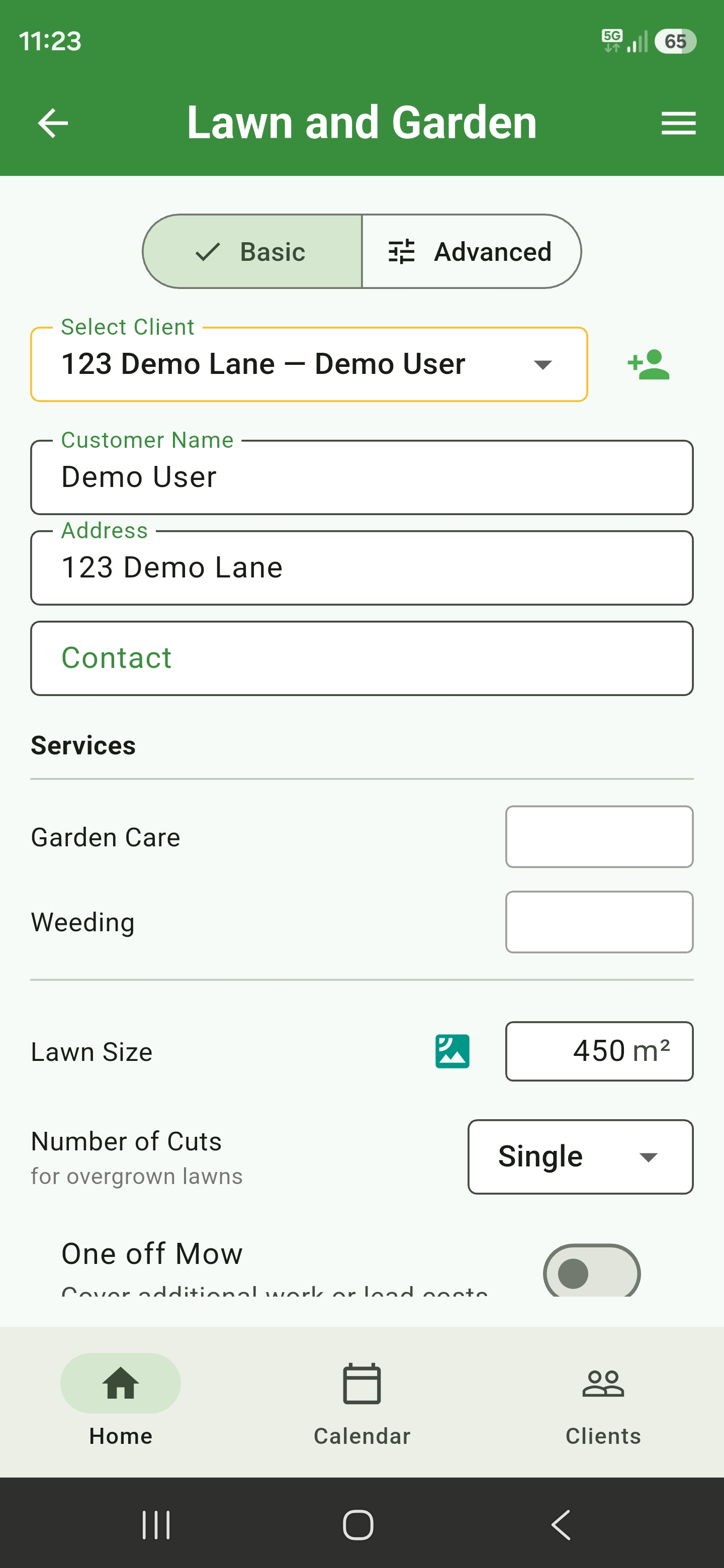 Basic lawn quote mode with essential quote fields
