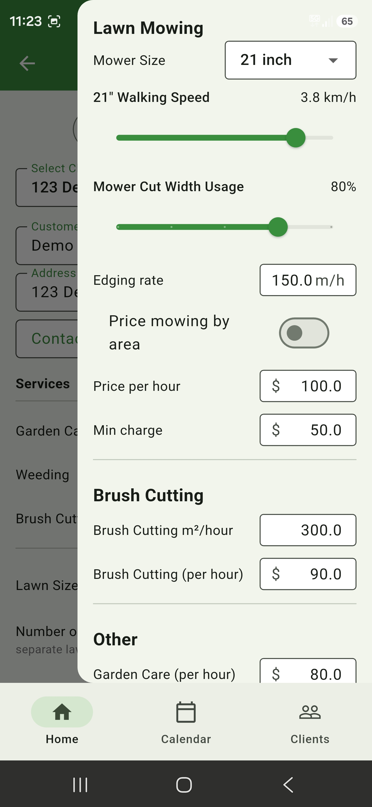 Lawn mowing drawer configured for hourly pricing