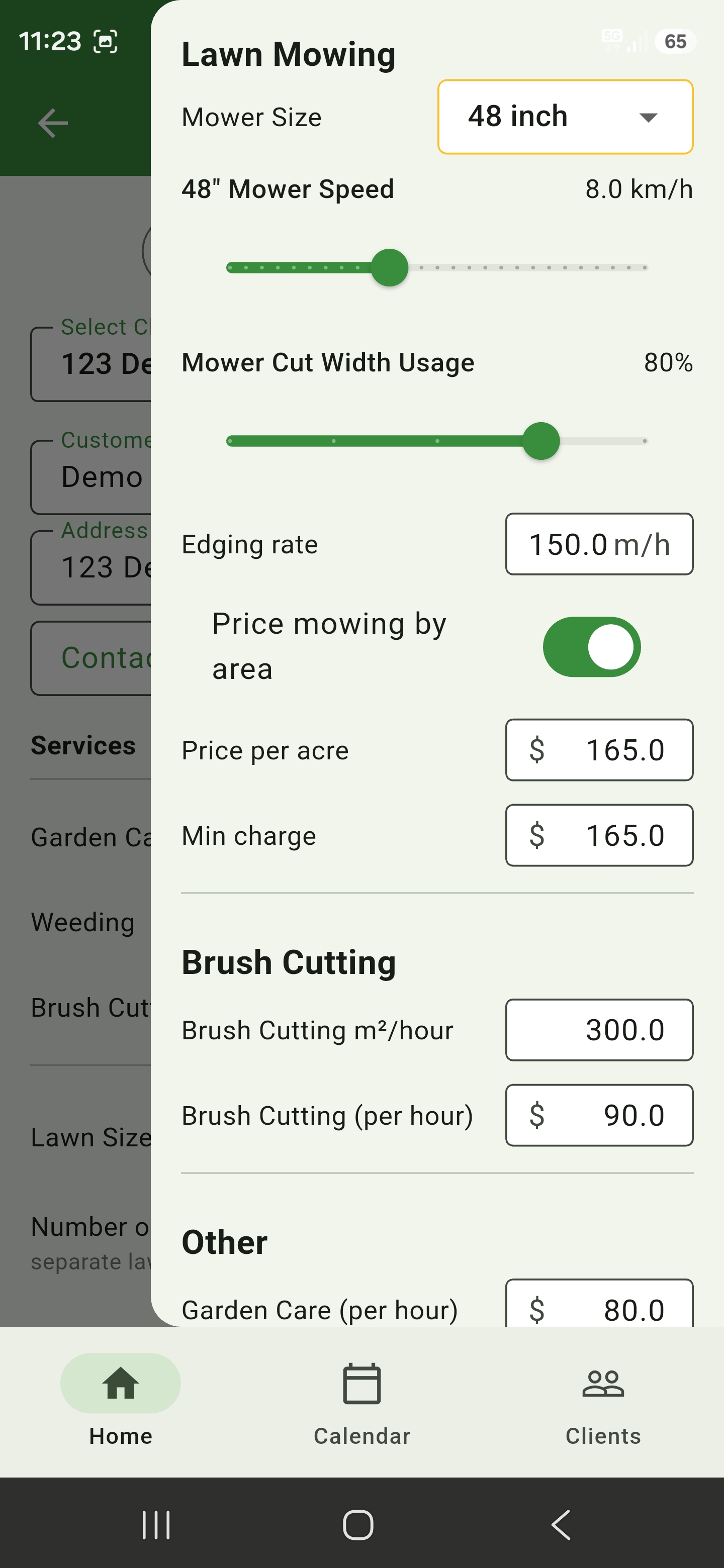 Lawn mowing drawer configured for area pricing