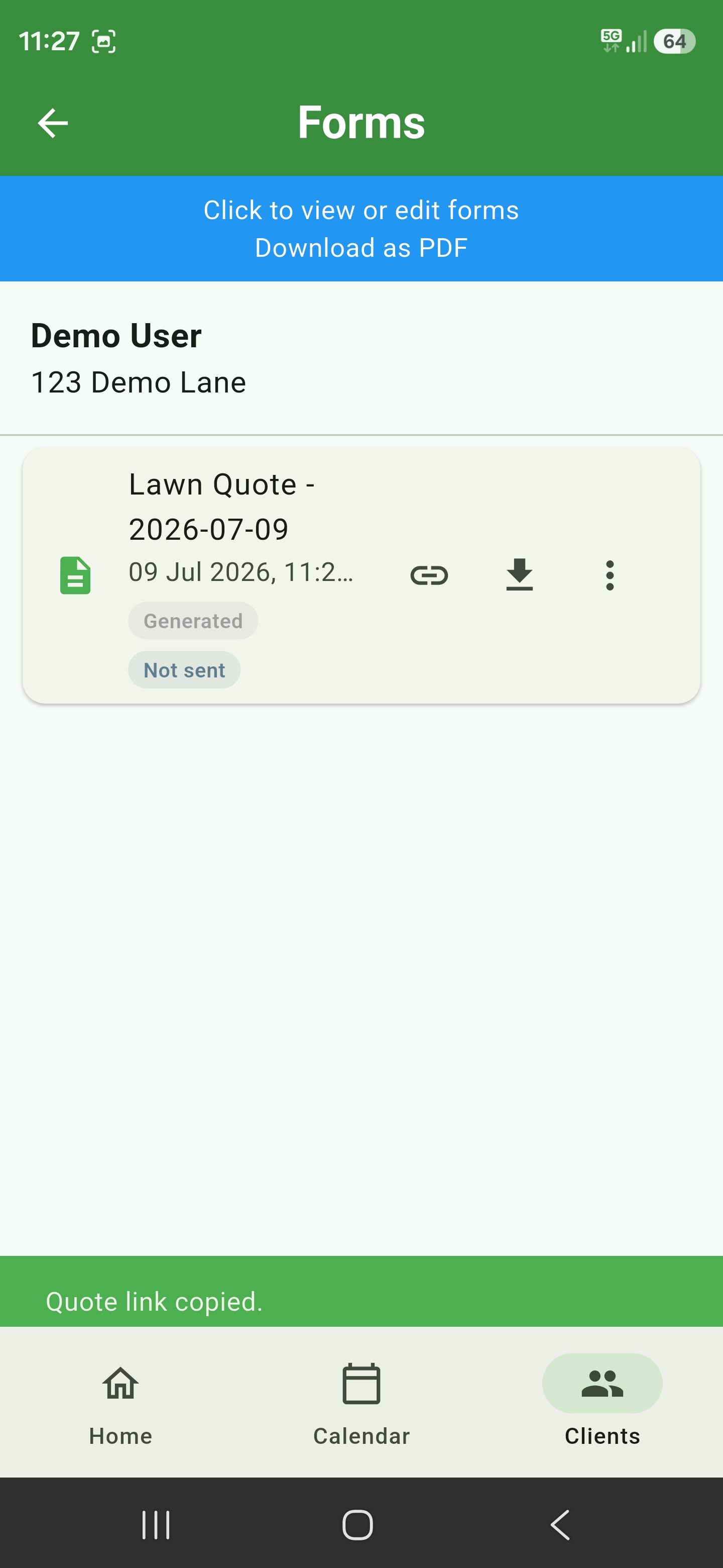 Saved quote file with secure quote link copied