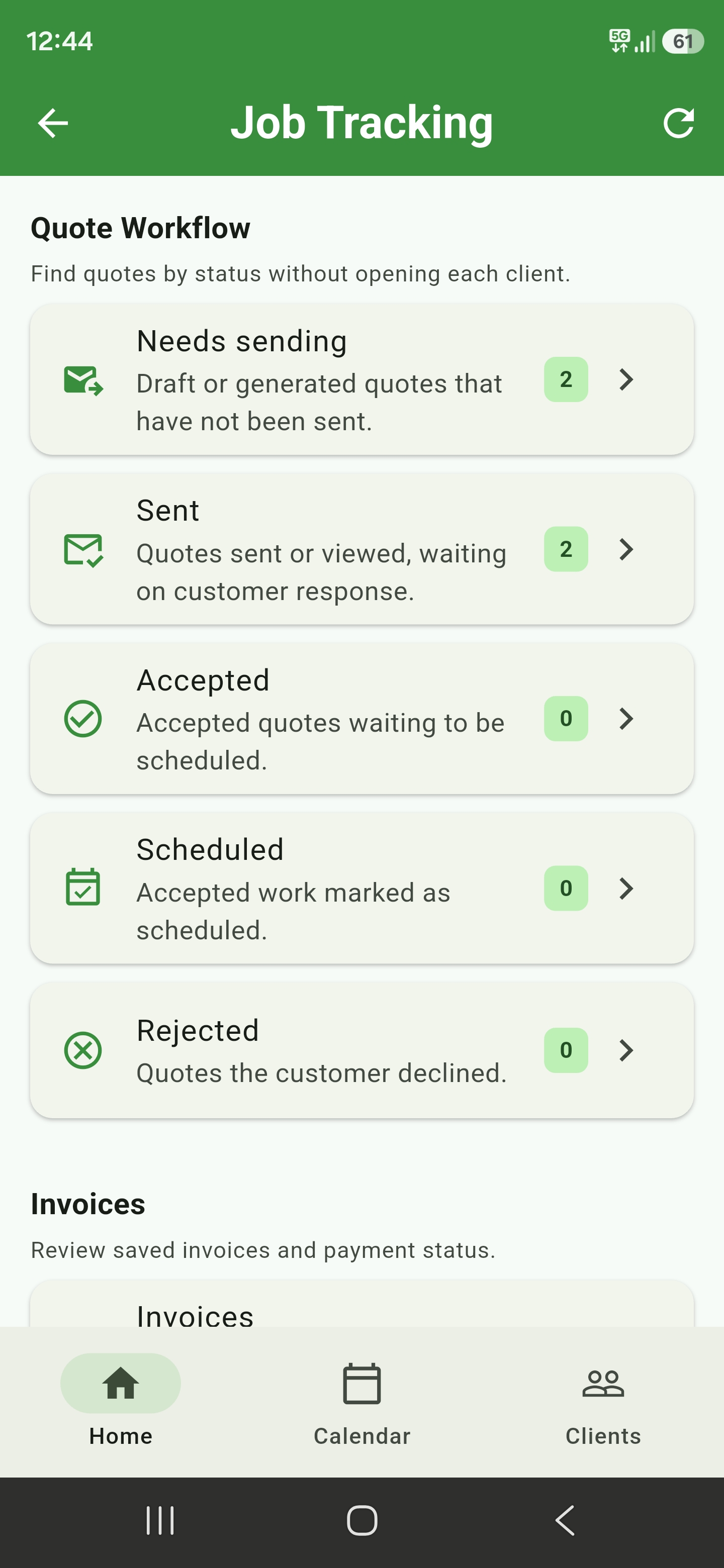 Job Tracking screen showing quote workflow statuses