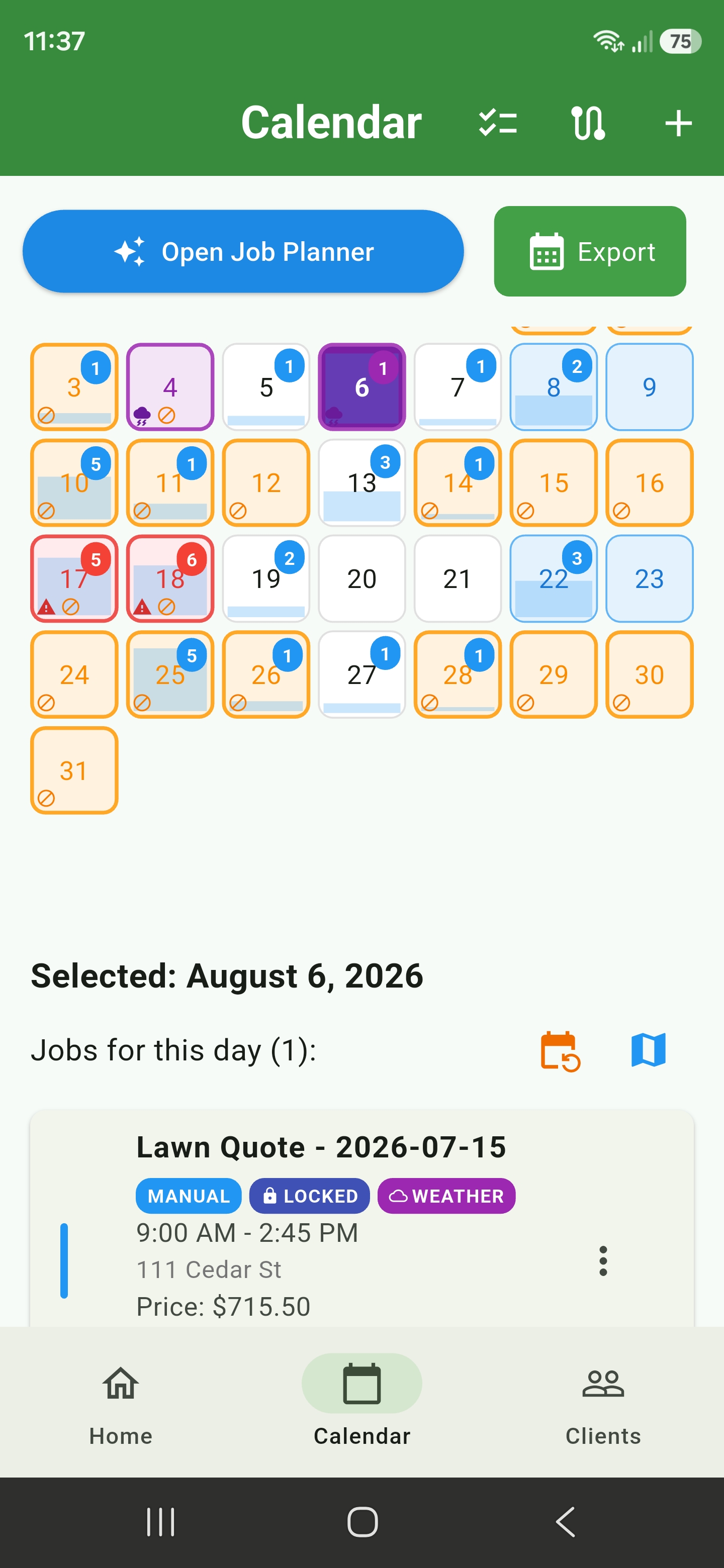 Monthly calendar with blue daily capacity fills, job counts, weather warnings, and schedule conflicts