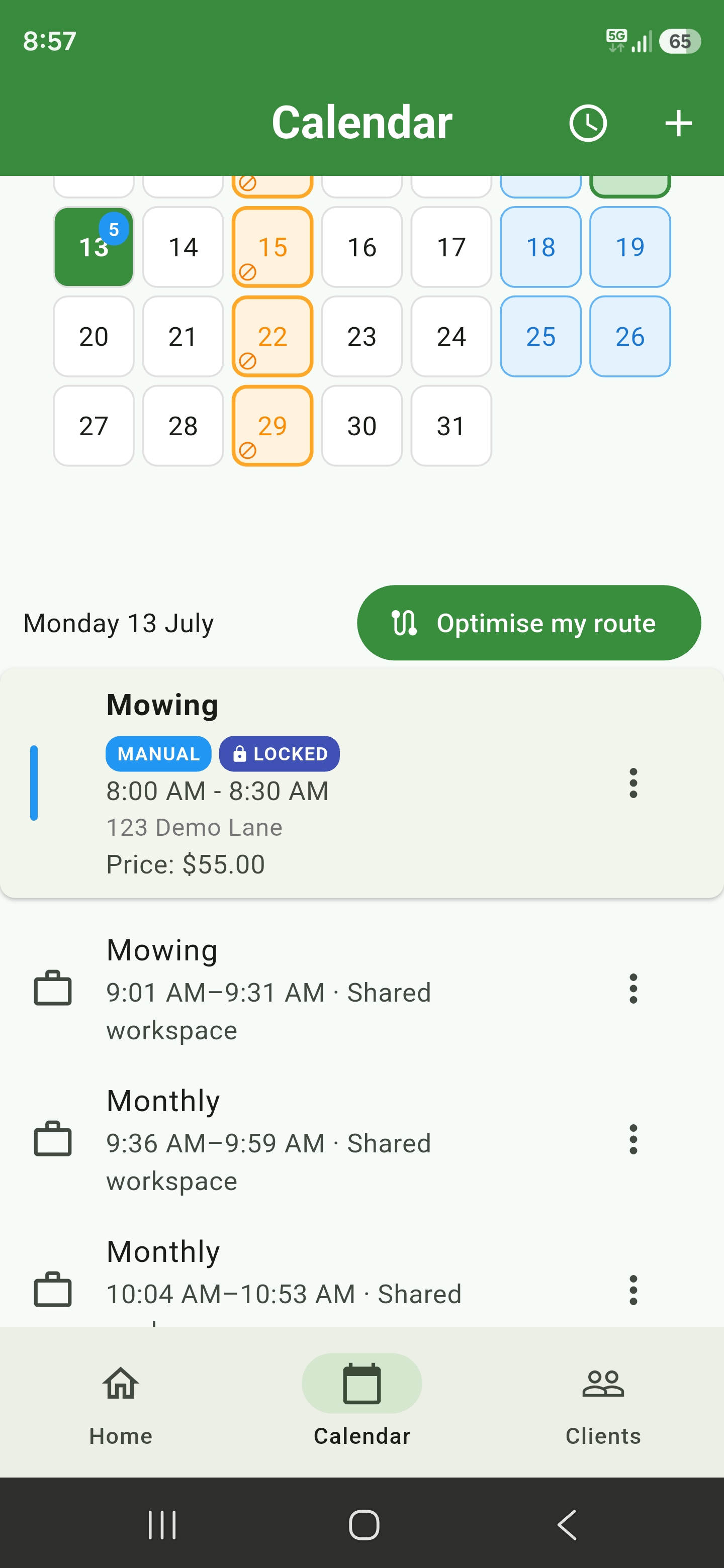 Shared calendar showing privacy-safe workspace jobs alongside the daily schedule