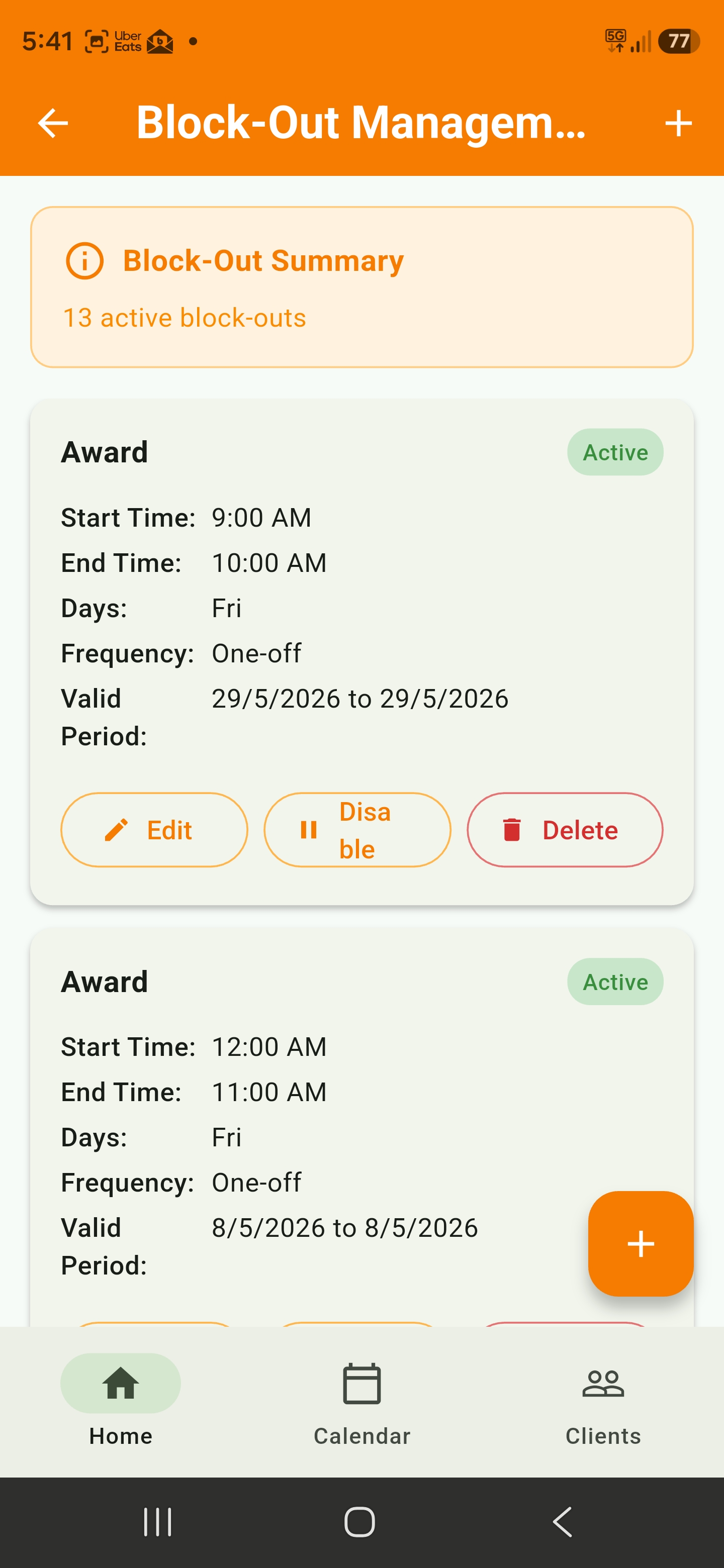 Block-out management list with active periods