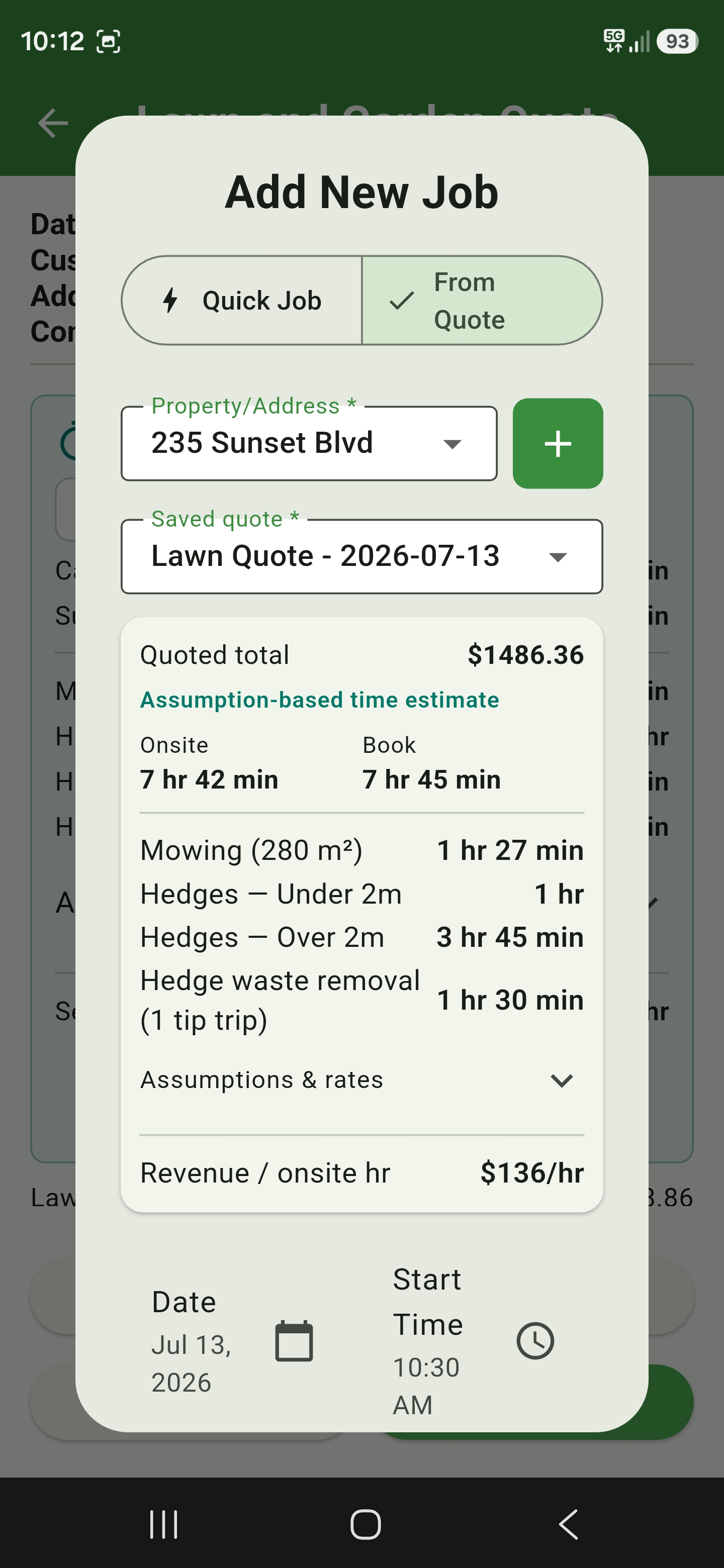 Add New Job screen in From Quote mode showing the selected quote, quoted total, time estimate, date, and start time