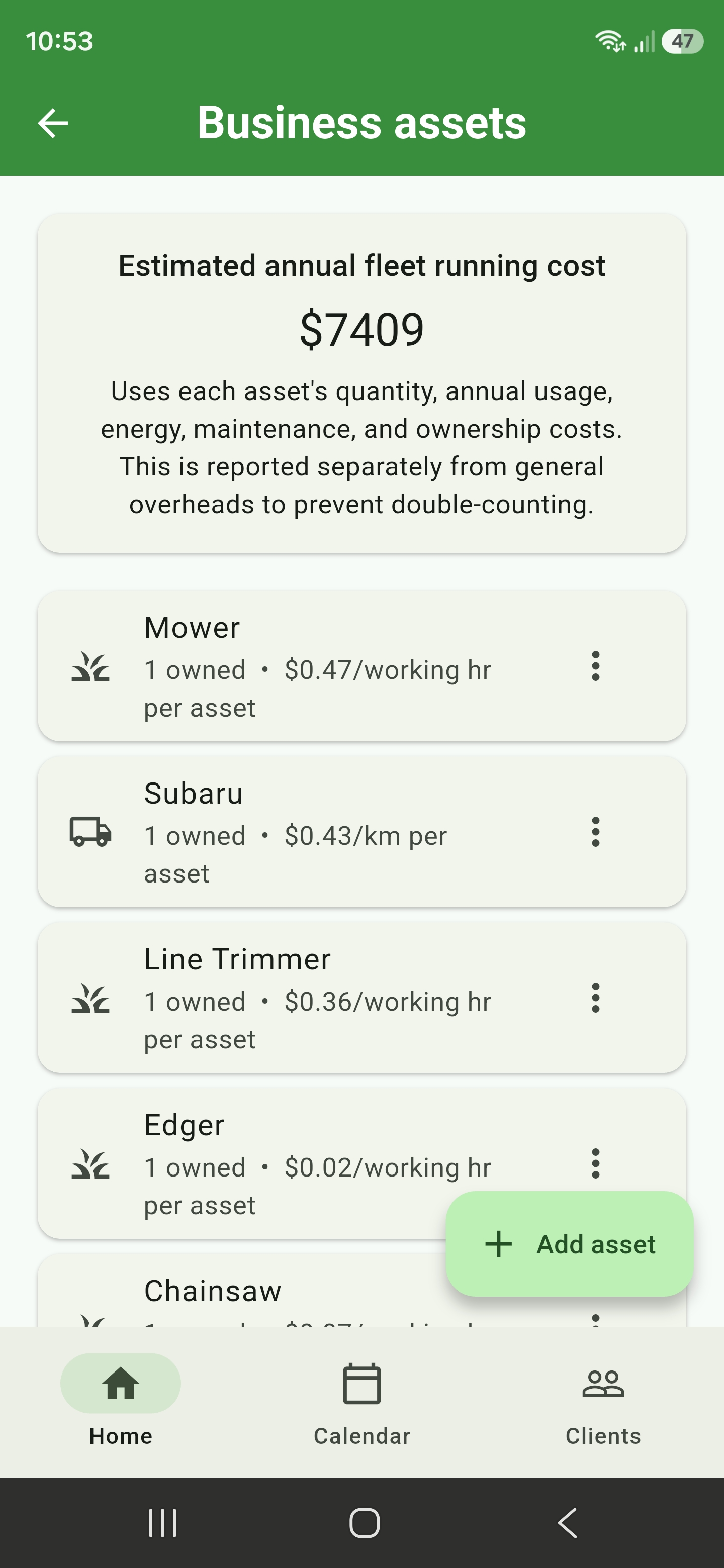 Business asset register showing annual fleet cost and per-working-hour or per-kilometre asset rates