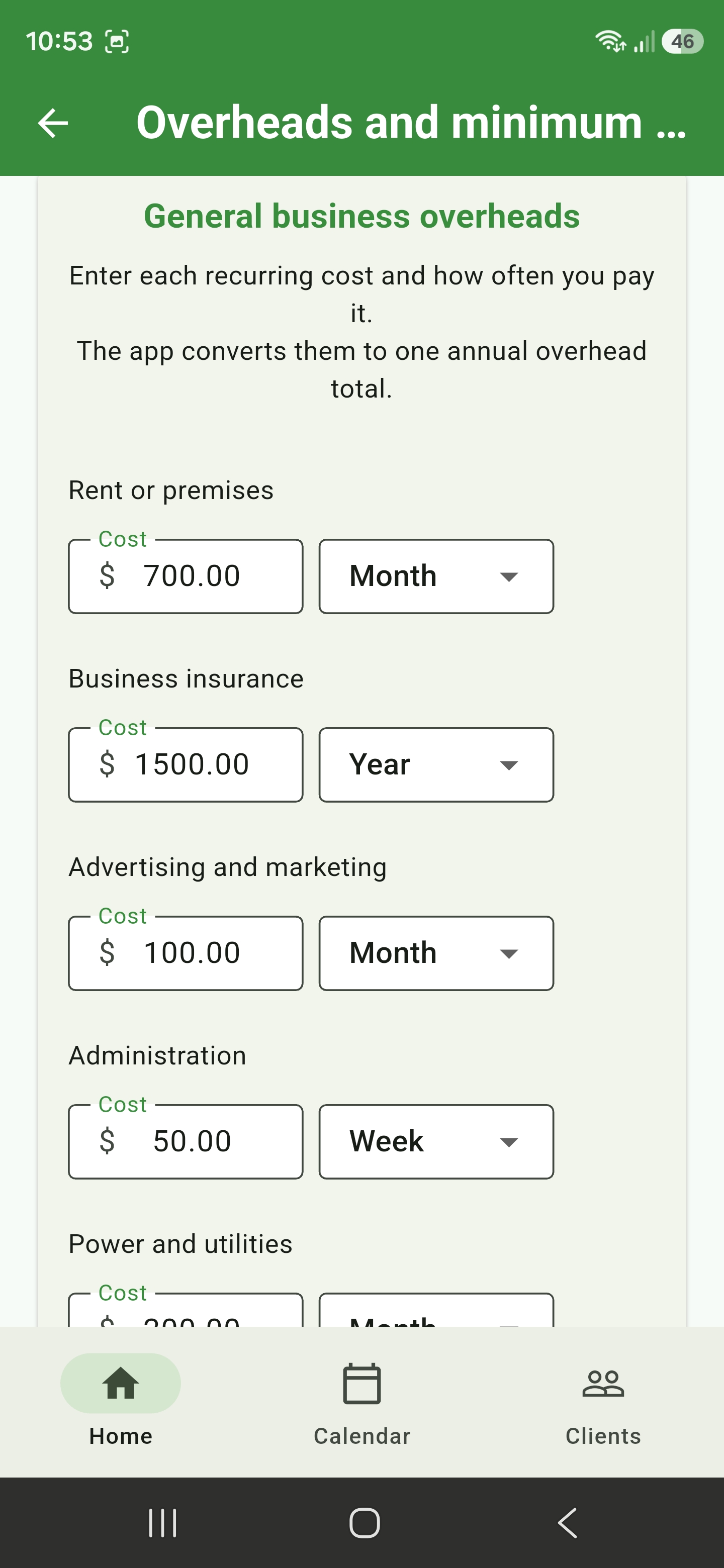 General business overhead settings for rent, insurance, advertising, administration, and utilities