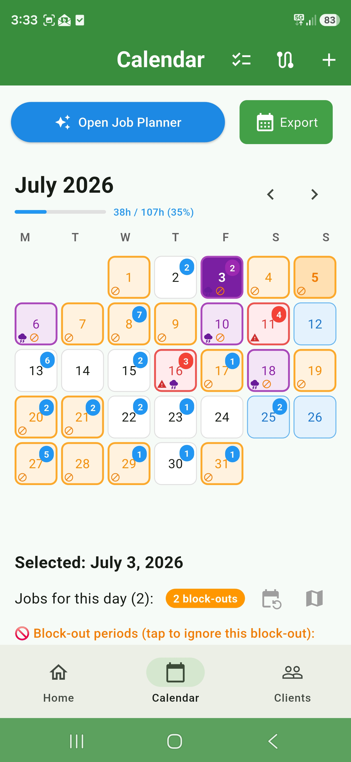 Monthly calendar with capacity and weather warnings