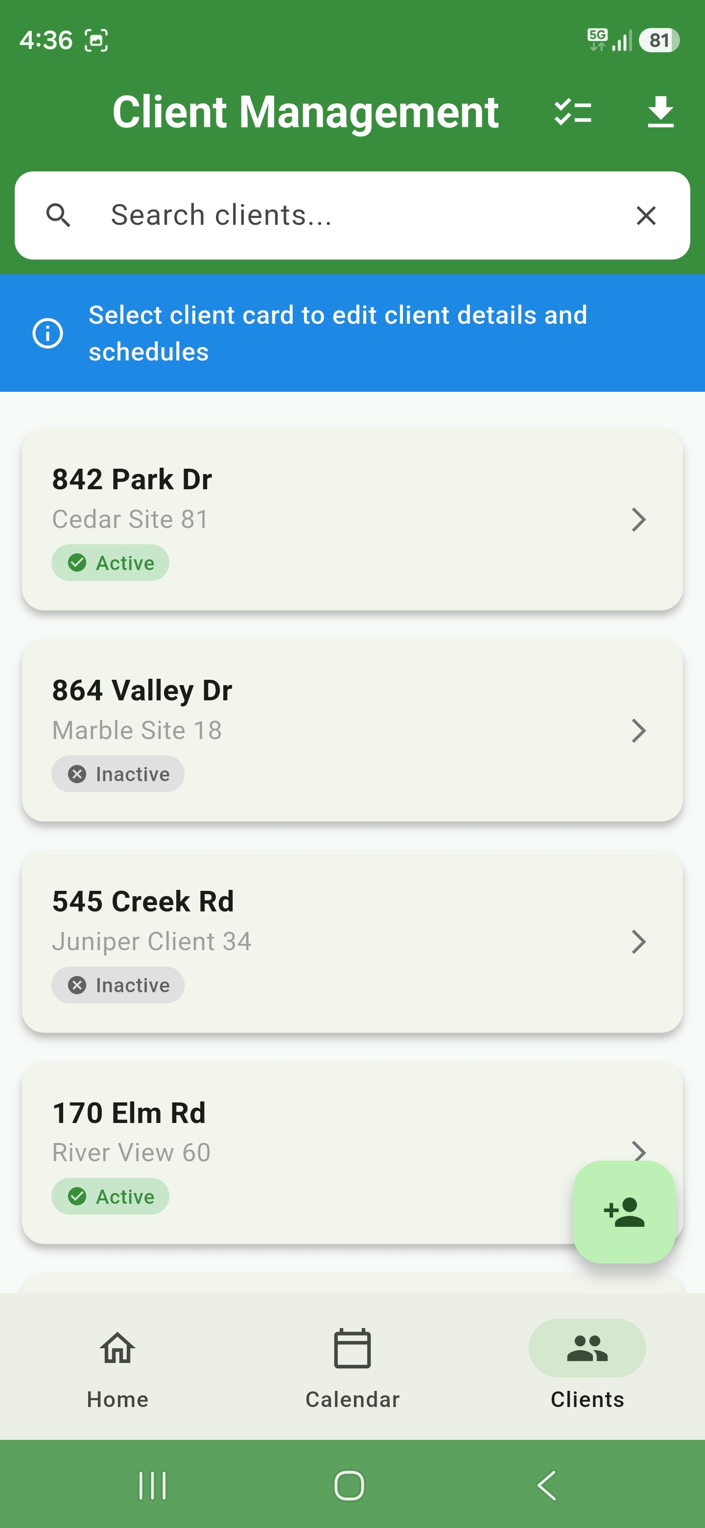 Client management list with search and status badges