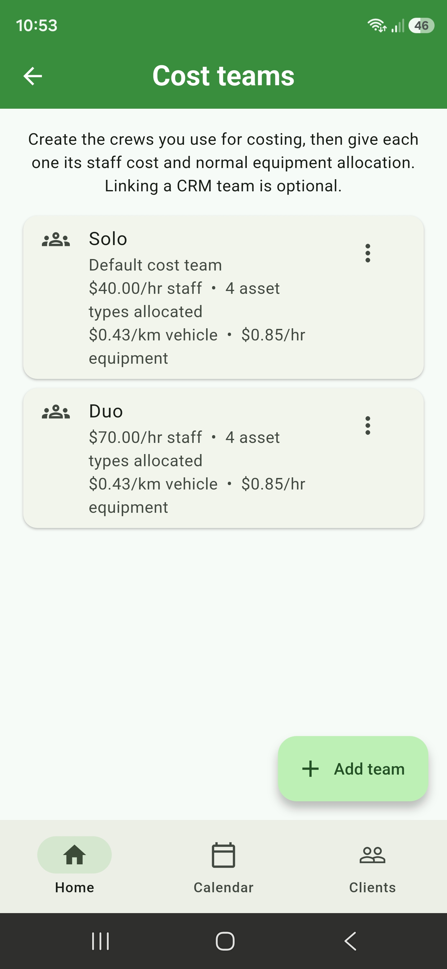 Solo and Duo cost teams showing staff cost and allocated vehicle and equipment rates