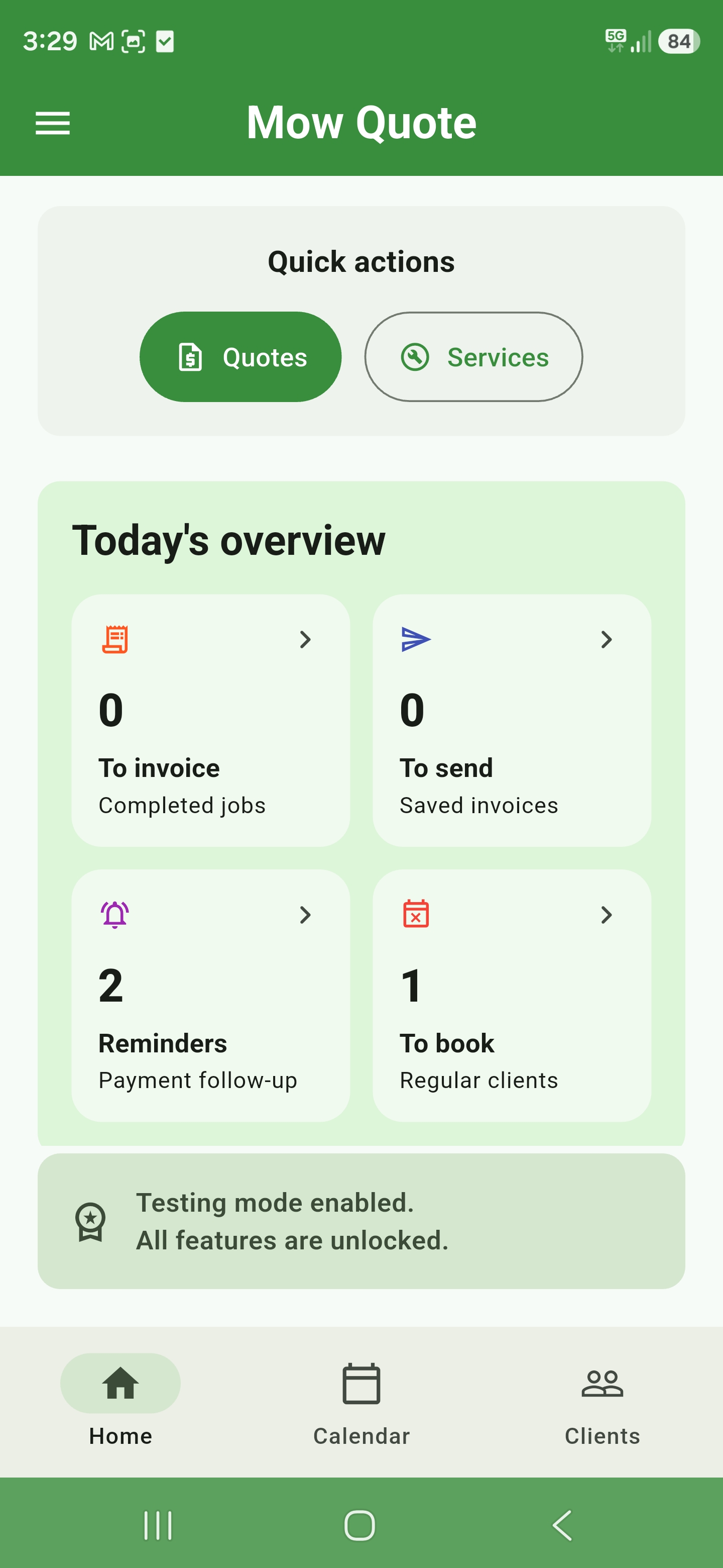 Mow Quote home dashboard showing today's overview and quick actions