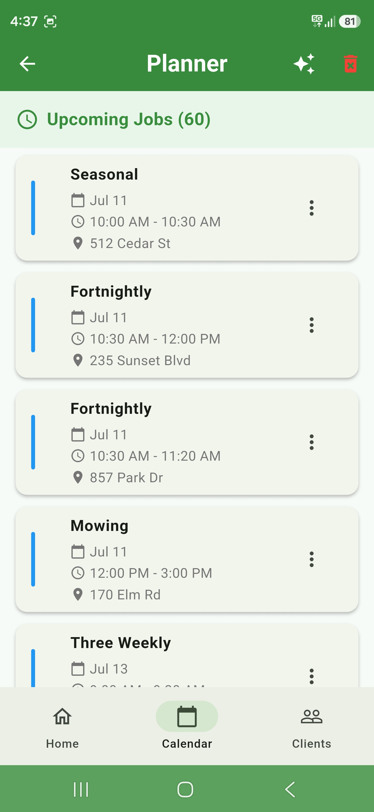Job planner showing upcoming scheduled visits