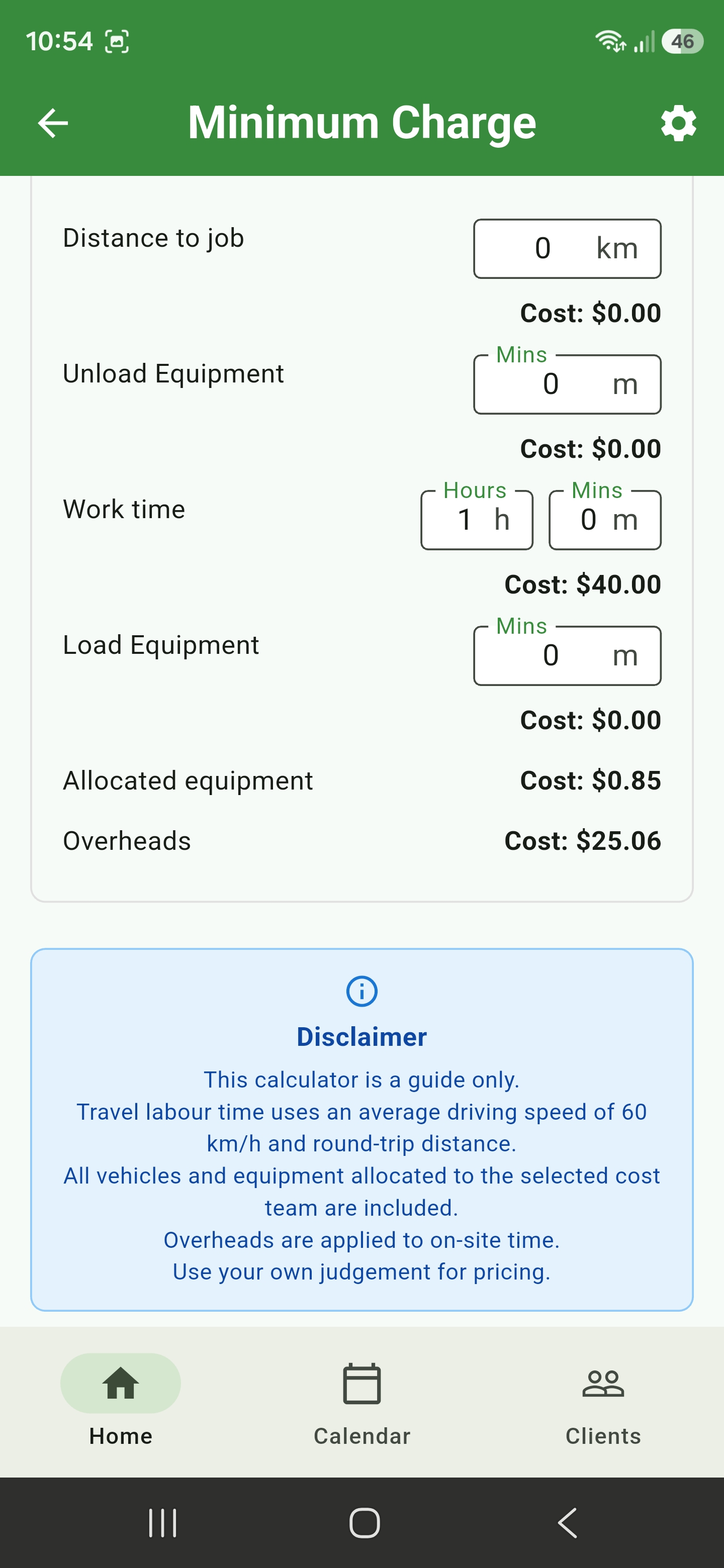 Minimum Charge cost breakdown for distance, loading, work time, allocated equipment, and overheads