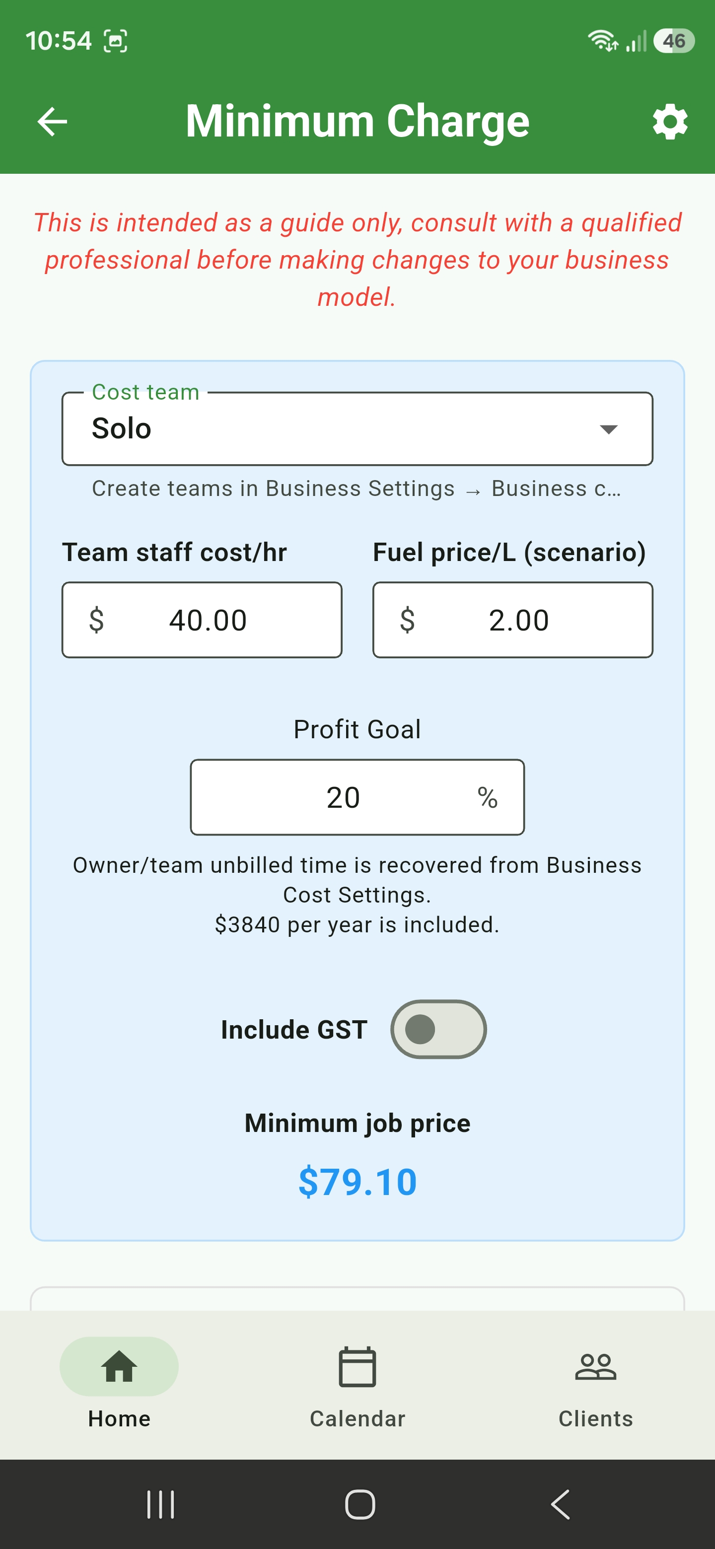 Minimum Charge calculator using the selected Solo cost team, staff cost, fuel scenario, unbilled time recovery, and profit goal
