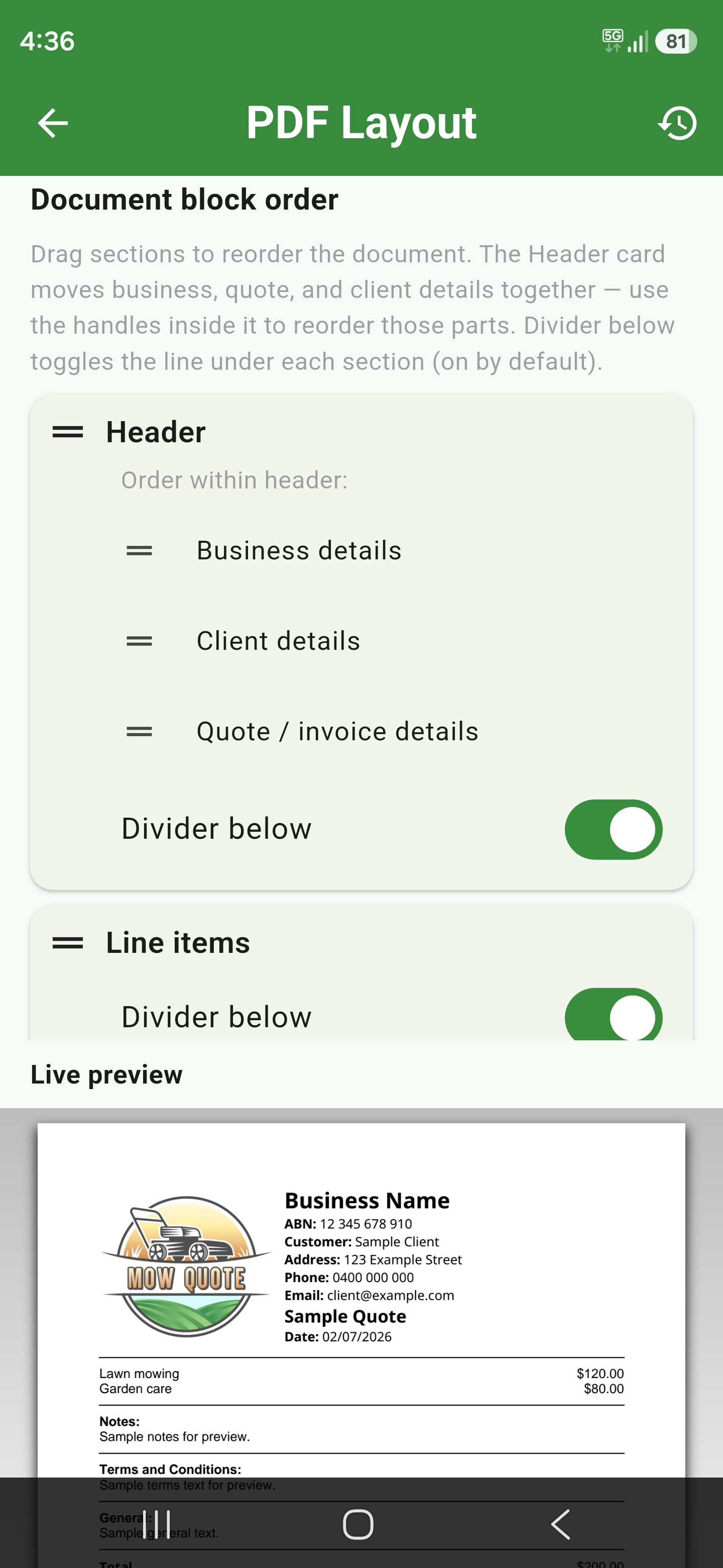 PDF layout builder with live document preview