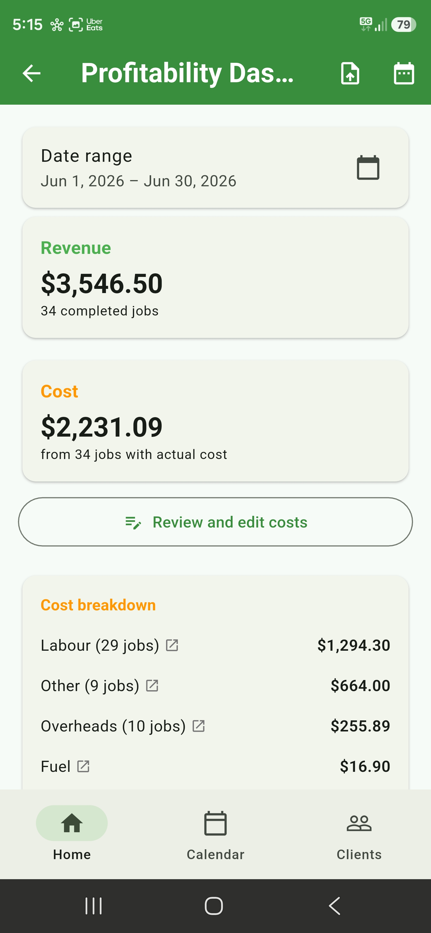 Profitability dashboard showing revenue, cost, and breakdown