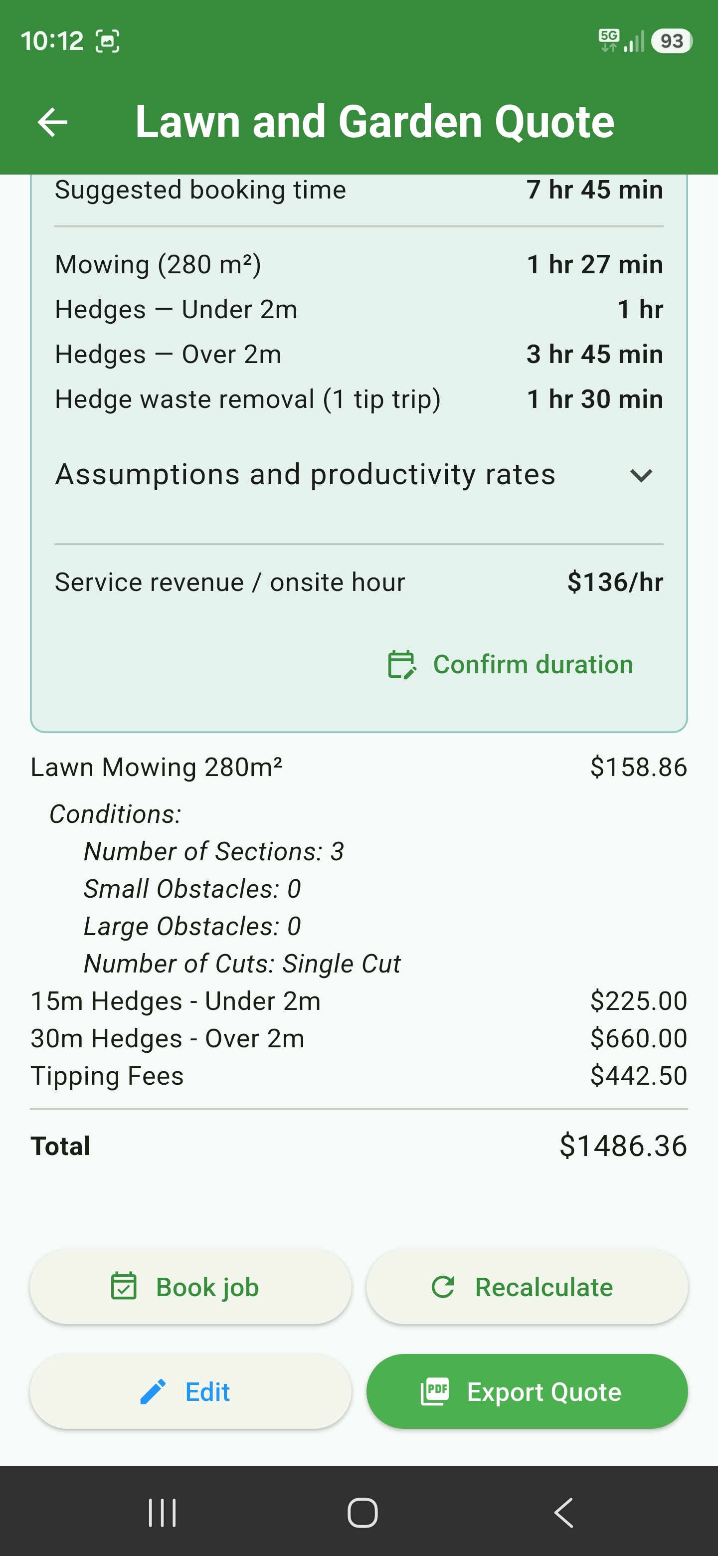Saved quote actions with Book job, Recalculate, Edit, and Export Quote buttons