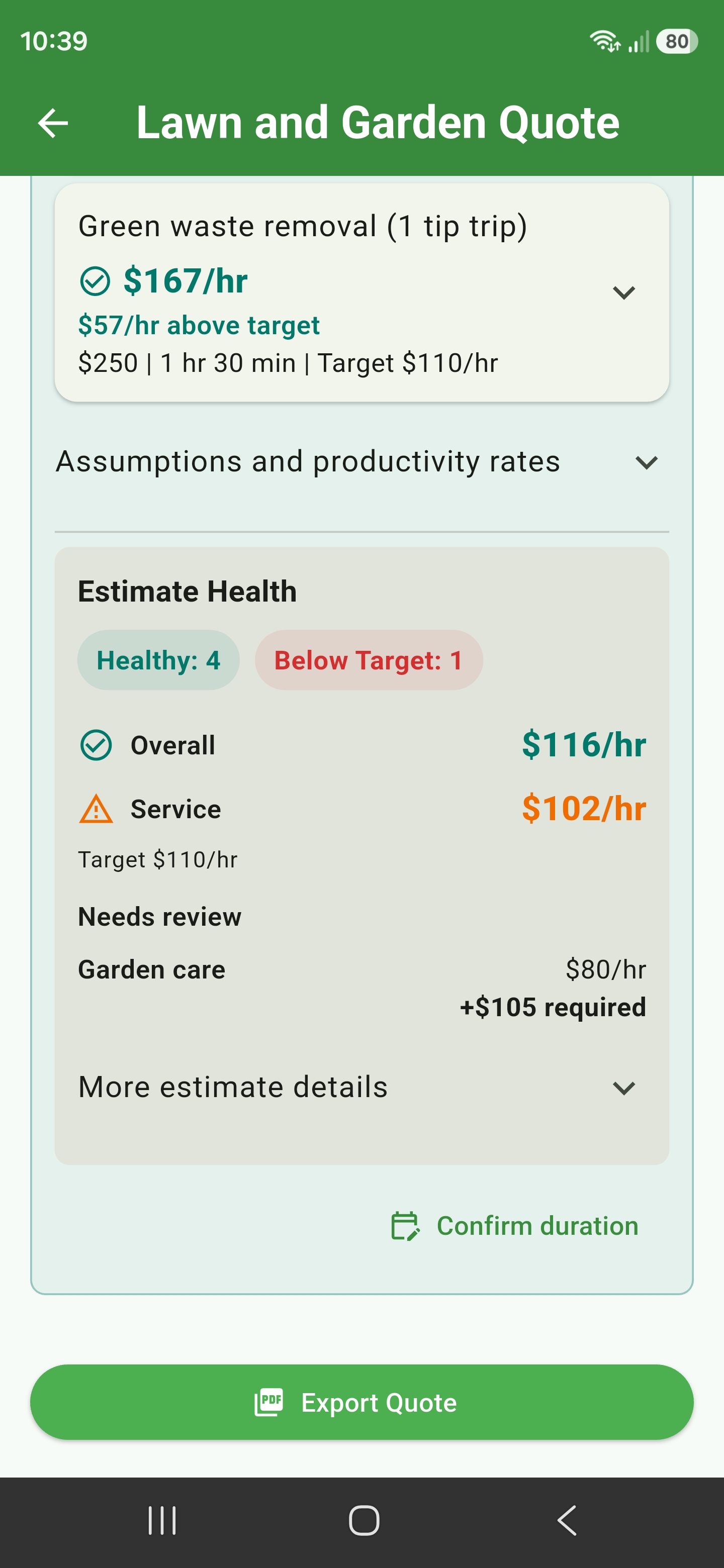Quote Health summary showing overall and service productivity, the target hourly rate and additional revenue required for Garden Care