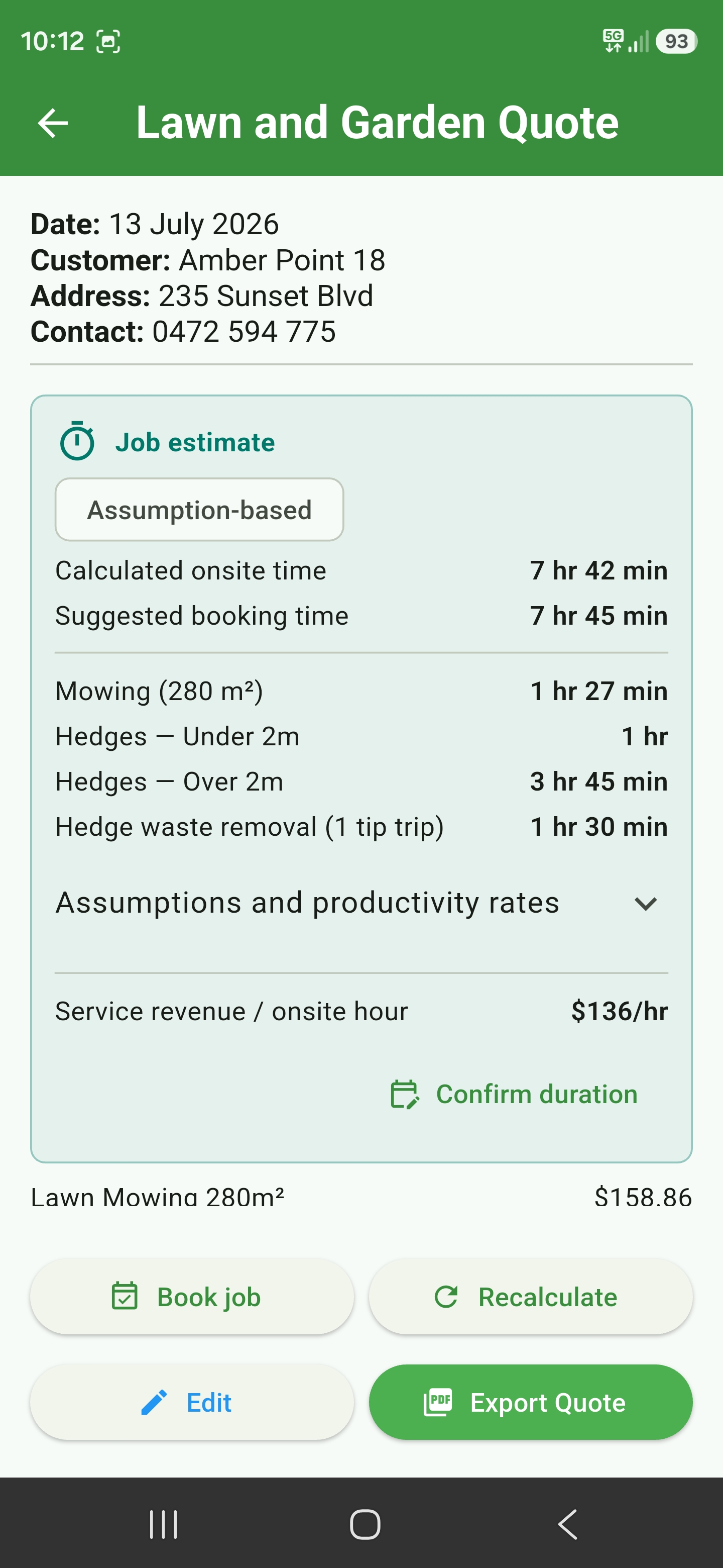 Saved quote showing the calculated onsite time, suggested booking time, service breakdown, and Confirm duration action
