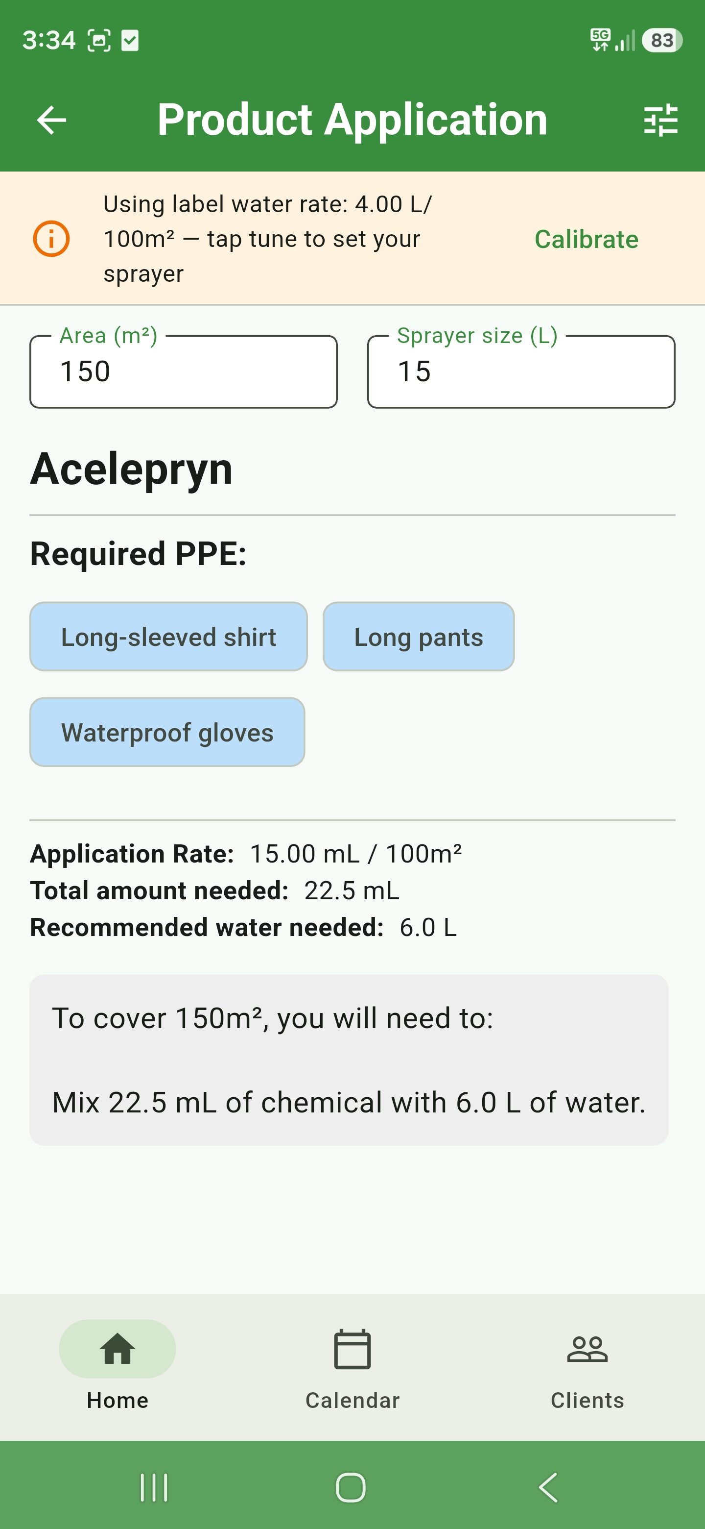 Spray application calculator with PPE and mix rates